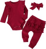 Fullfamous Baby Girl's 3pc Rib Frill Long Sleeve Romper and Pant Set